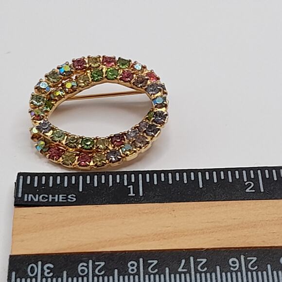 Vintage AB Pastel Prong Set Glass Rhinestone Oval Brooch, URANIUM Glass, 1 1/4" - Picture 7 of 10